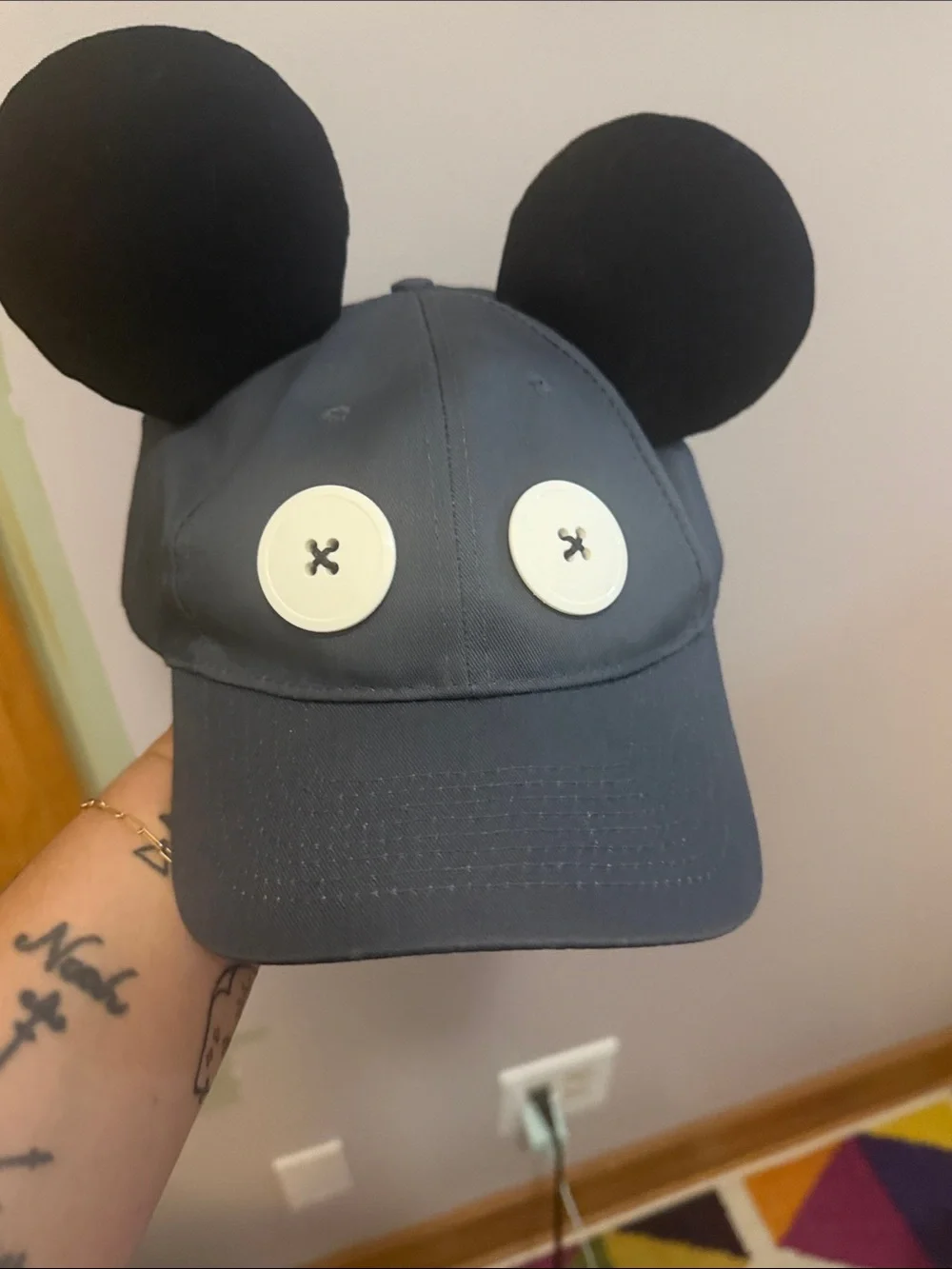 Handmade Steamboat Willie Button-Eye Ear Baseball Cap in Charcoal and Black Kids